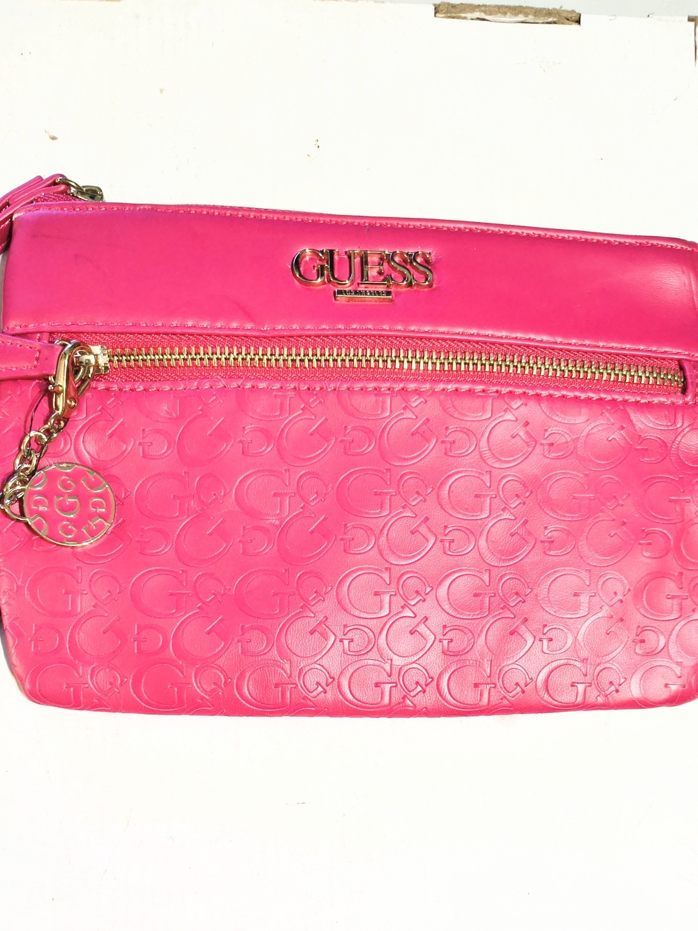 GUESS Hot Pink Embossed Logo Wristlet with Gold Hardware